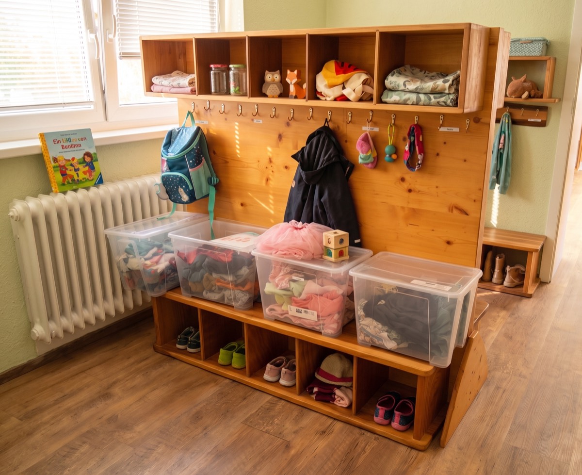 Die Garderobe des Kindergartens mit Haken, Fächern und einer eigenen Box für jedes Kind